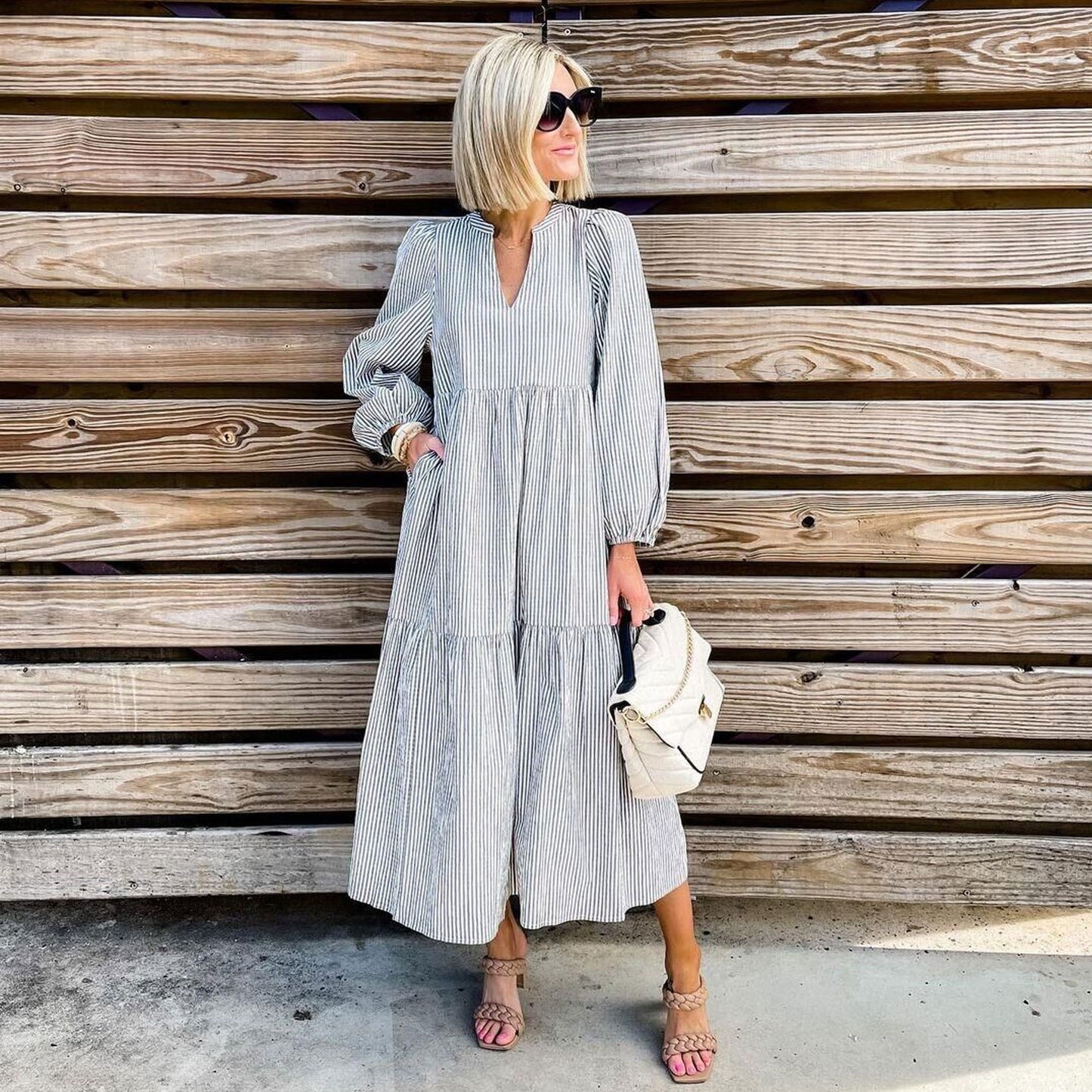flowersverse Casual Bateau/Boat Neck Long Sleeve Weaving Dress
