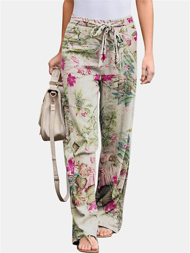 flowersverse Women's Plus Size Loungewear Pants Flower Leaves Basic Casual Comfort Home Daily Vacation Cotton Breathable Pant Spring Summer Yellow Fuchsia