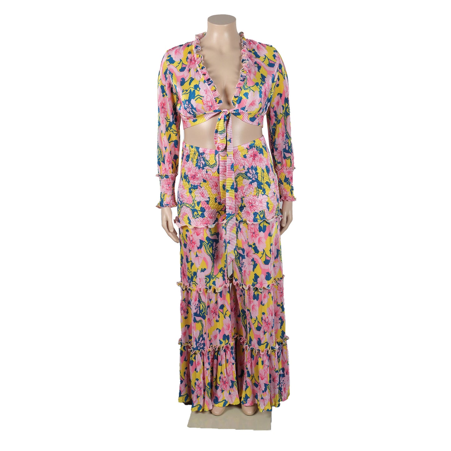 flowersverse Sexy Printed Pleated Long Sleeve Lace-Up Top Wide Leg Pants Plus Size Two-Piece Set