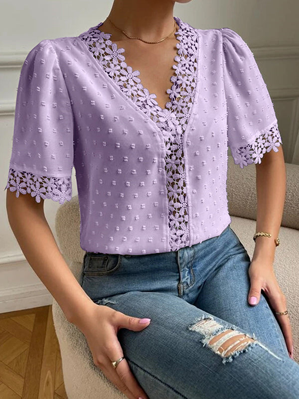 flowersverse Applique Solid Color Loose Short Sleeves V-neck Blouses&shirts Tops