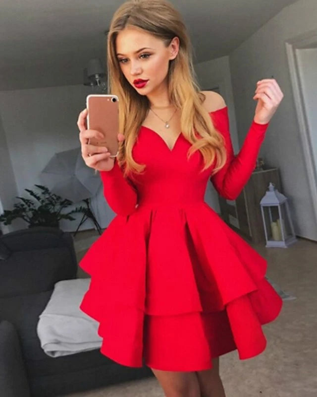flowersverse Women's A-Line Dress Short Mini Dress Long Sleeve Solid Colored Layered Fall Spring Hot Sexy White Black Red White Dresses