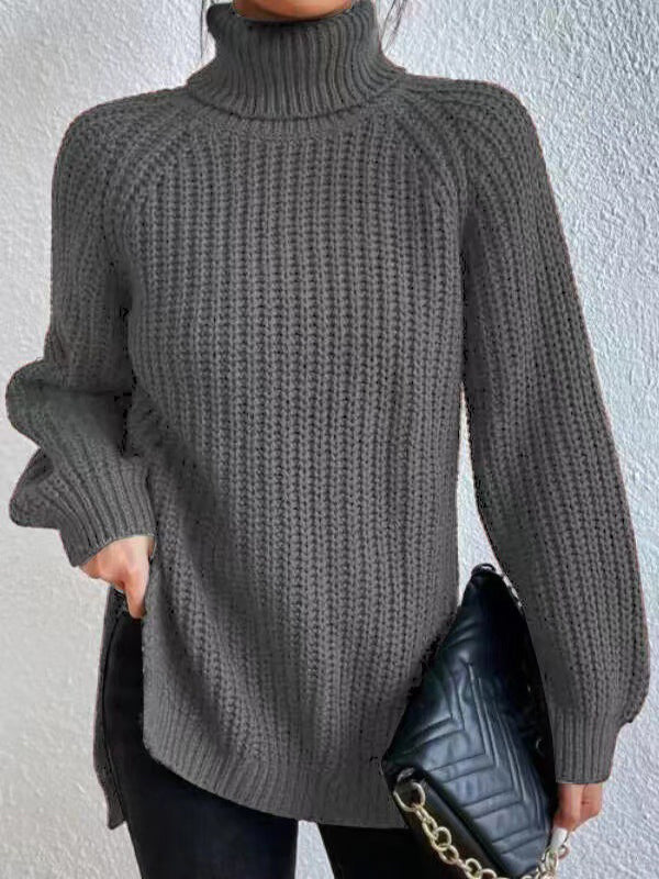 flowersverse Solid Color Split-side Long Sleeves Loose High Neck Sweater Tops Pullovers