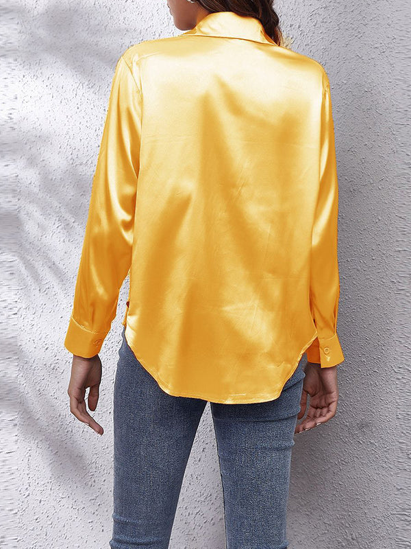 flowersverse Solid Color Long Sleeves Loose Lapel Blouses&Shirts Tops