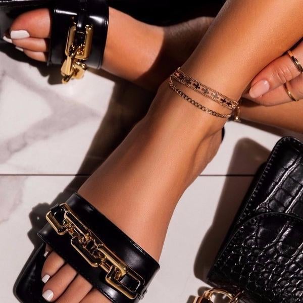 flowersverse Summer Fashion Women Flat Casual Slippers Square Toe Chain Sandals