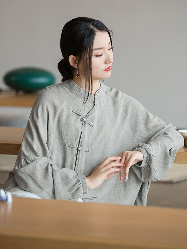 flowersverse Artistic Retro Loose Long Sleeves Buttoned Solid Color Stand Collar Blouses&Shirts Tops
