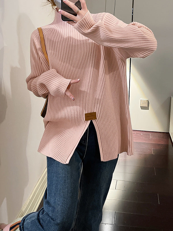 flowersverse Split-Front Long Sleeves Loose Mock Neck Sweater Tops Pullovers