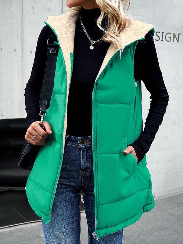 flowersverse Loose Sleeveless Pockets Quilted Reversible Zipper Hooded Padded Vest Vest Outerwear