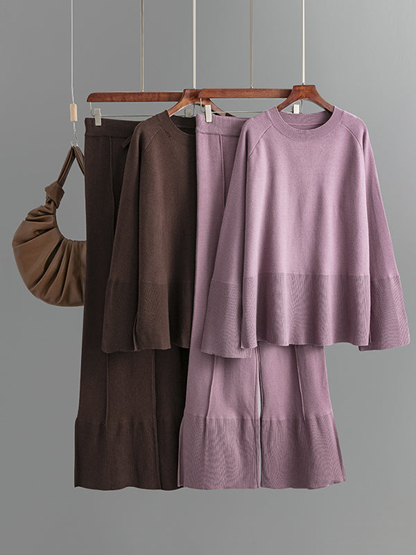flowersverse Casual Long Sleeves Loose Solid Color Round-Neck Sweater Tops & Wide Leg Pants Two Pieces Set