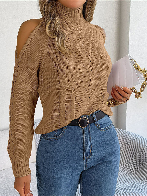 flowersverse Solid Color Split-Joint Long Sleeves Loose Cold Shoulder Sweater Tops