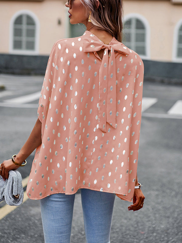 flowersverse Bandage Polka Dot Loose Round-Neck Blouses&Shirts Tops