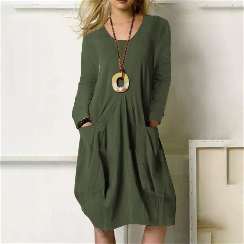 flowersverse Women's Cotton Linen Loose Temperament Commute Casual Solid Color Pocket Dress