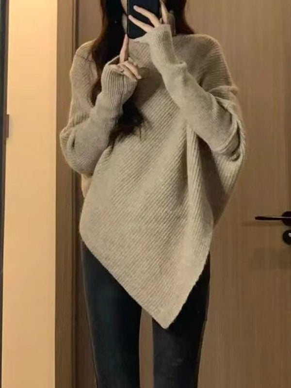 flowersverse Asymmetric Solid Color Velvet Long Sleeves Loose High Neck Sweater Tops Pullovers Knitwear