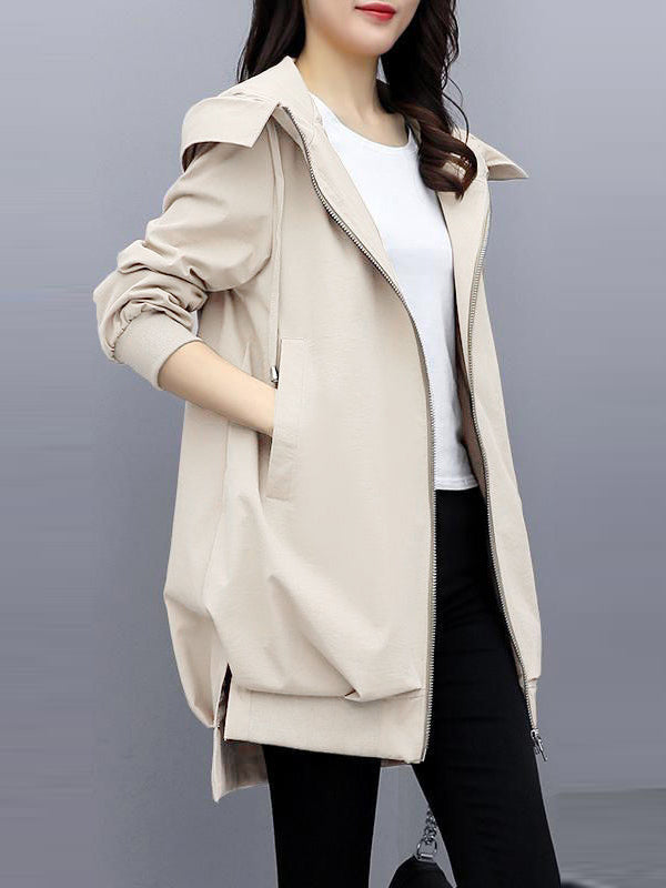 flowersverse Casual Loose 4 Colors Pleated Zipper Hooded Long Sleeves Outwear