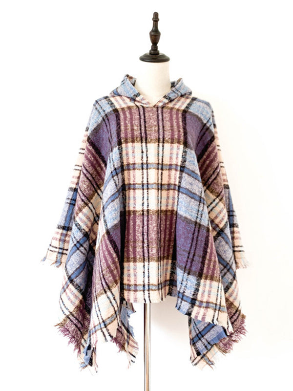 flowersverse Fringed Hooded Keep Warm Plaid Shawl&Cloak Cape