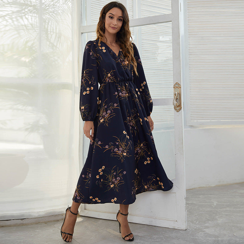 flowersverse Elegant Fuli Wrinkle V-neck Printed Casual Holiday Dress