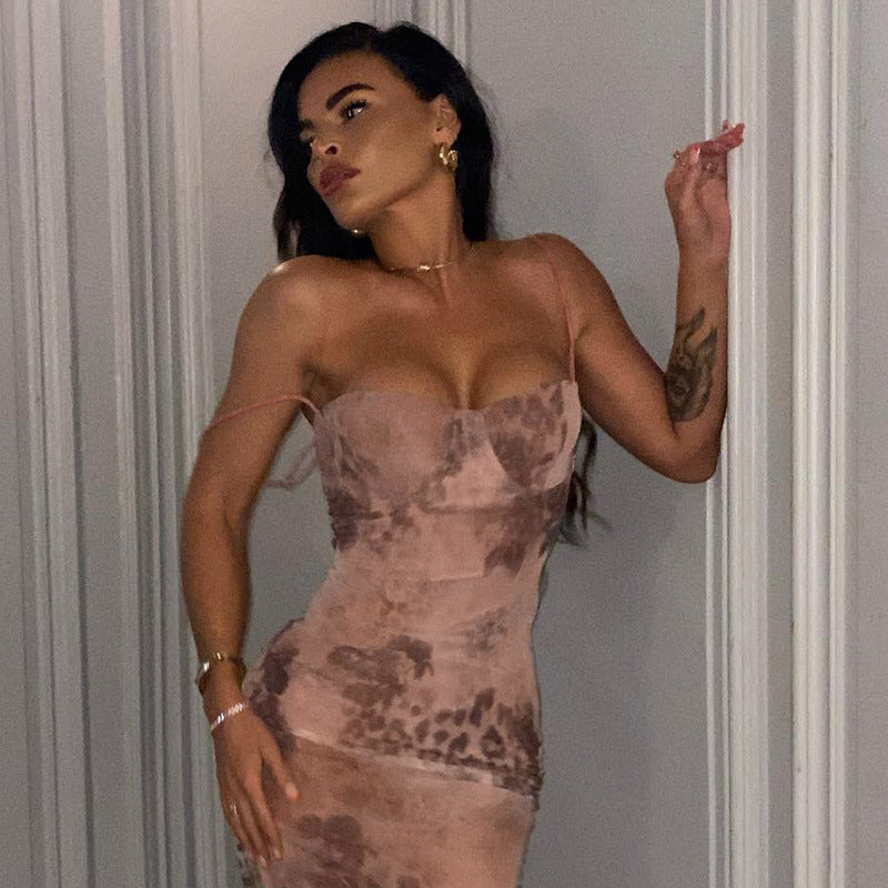 flowersverse Straps Mesh Print Slim Sexy Bodycon Dress
