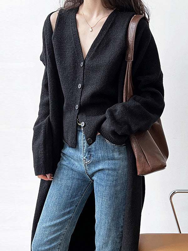 flowersverse Buttoned Solid Color Long Sleeves Loose V-Neck Knit Vest + Cardigan Two Pieces Set