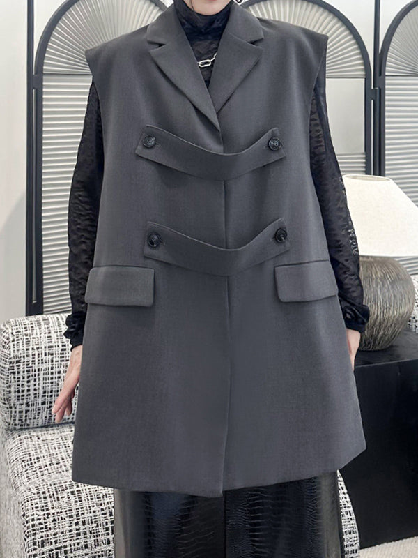 flowersverse Buttoned Pockets Split-Side Loose Sleeveless Notched Collar Vest Outerwear