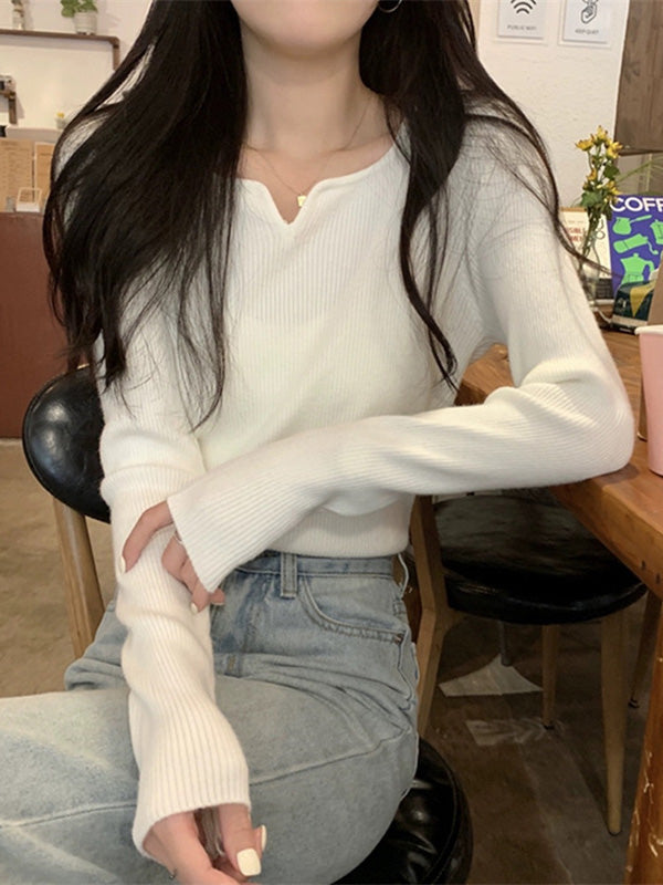 flowersverse Colorful Solid Color Long Sleeves Skinny V-neck Sweater Tops Pullovers Knitwear