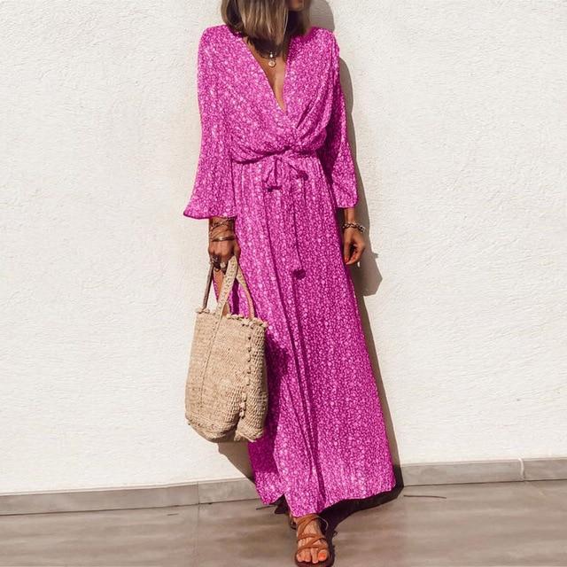 flowersverse Plus Size Casual V-neck Floral Print Long Sleeve Maxi Boho Dress Elegant Sashes Party Dress