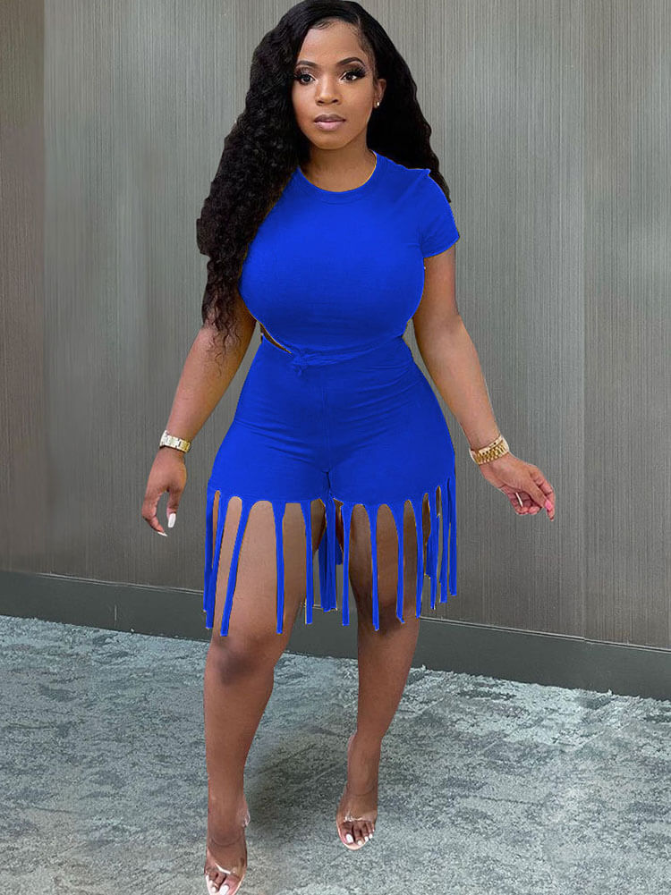 flowersverse 2 Piece Plus Size Knot Front Short Sleeve Tops Tassels Shorts
