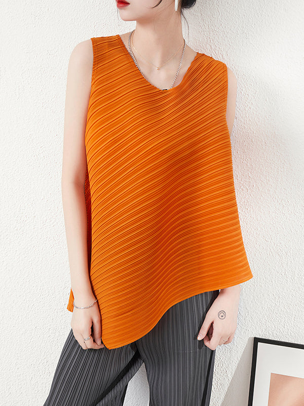 flowersverse Simple Loose Sleeveless Pleated Asymmetric Solid Color Round-Neck Vest Top