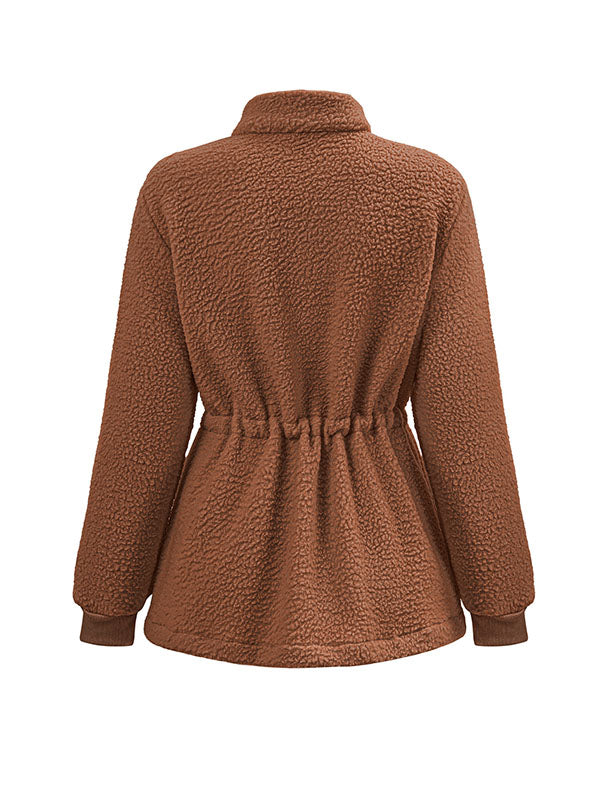 flowersverse Drawstring Solid Color Velvet Zipper Long Sleeves Loose Stand Collar Outerwear