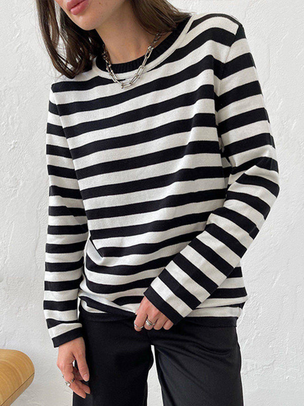 flowersverse Split-Joint Striped Long Sleeves Loose Round-Neck Sweater Tops