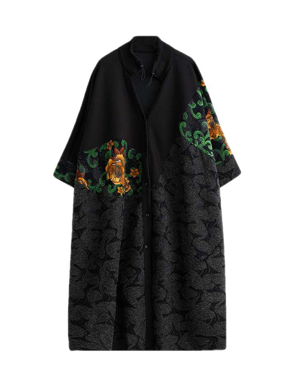 flowersverse Buttoned Drawstring Flower Print Split-Joint Long Sleeves Loose Collarless Trench Coats