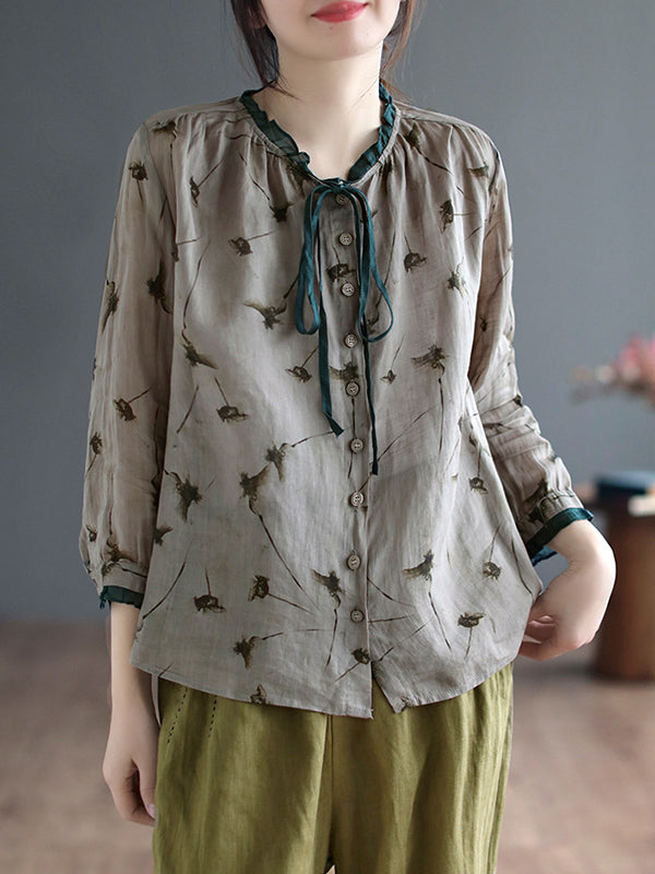 flowersverse Floral Printed Lace-Up Long Sleeves Loose Round-Neck Blouses&Shirts Tops