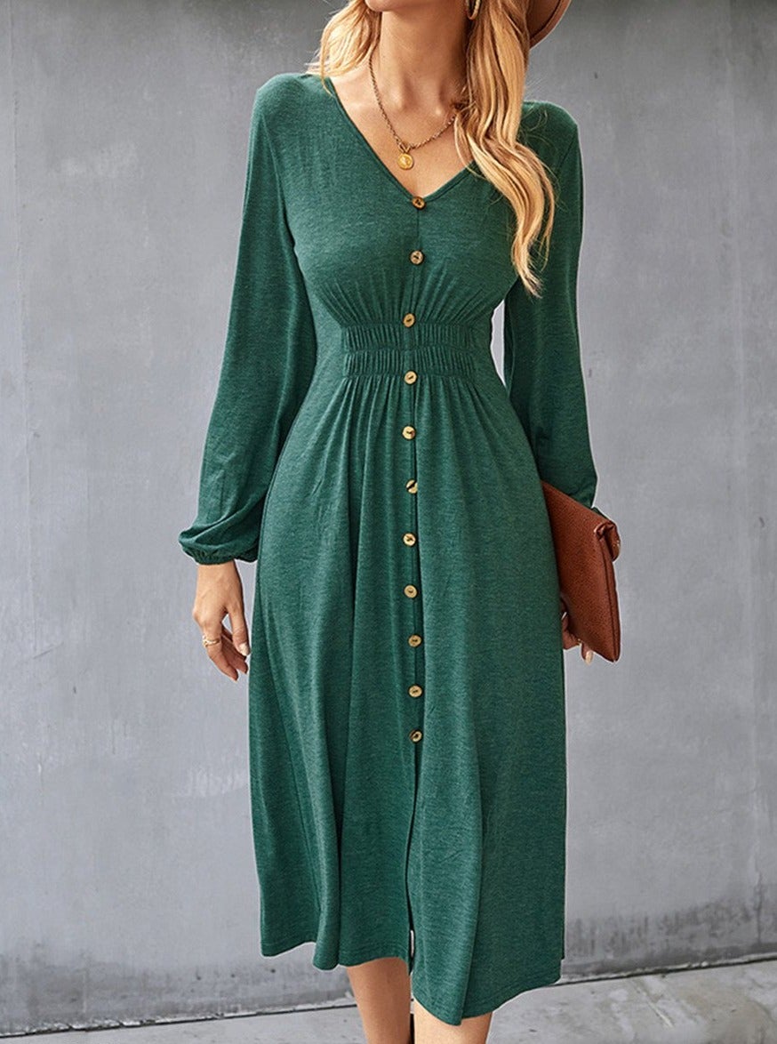 flowersverse Fall/Winter A-Line Solid Color V-Neck Dress Black Dresses
