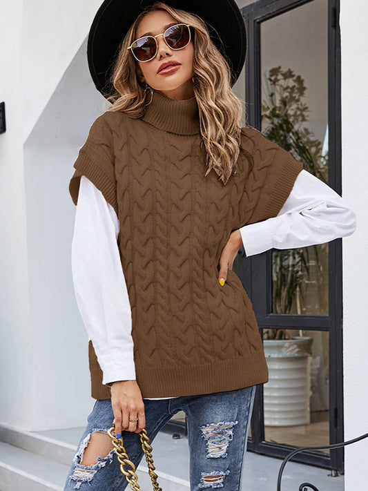 flowersverse Casual Loose Short Sleeves Jacquard Solid Color High-Neck Sweater Tops Vest Outerwear