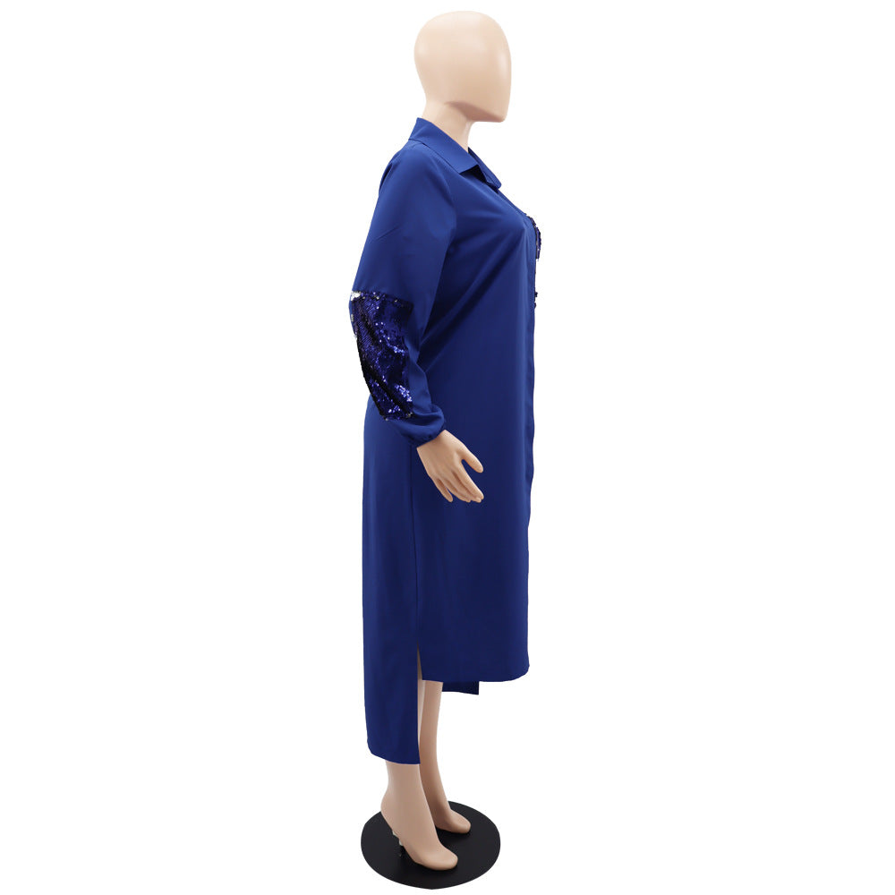 flowersverse Women's Long Sleeve Irregular Sequined Maxi Polo Shirt Dress