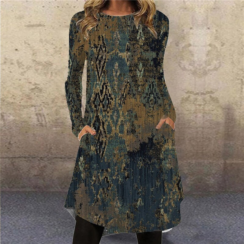 flowersverse Women's Casual Dress T Shirt Dress Tee Dress Ethnic Dress Midi Dress Green Long Sleeve Color Gradient Pocket Winter Fall Autumn Crew Neck Vacation Winter Dress Halloween Fall Dress S M L XL XXL