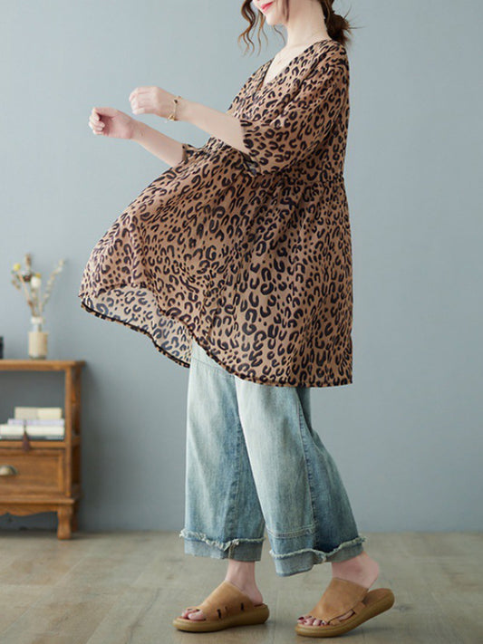 flowersverse Leopard Half Sleeves Loose V-neck T-Shirts Tops Blouses&shirts Tops