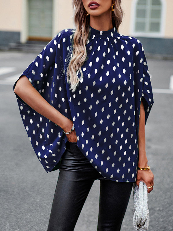flowersverse Bandage Polka Dot Loose Round-Neck Blouses&Shirts Tops