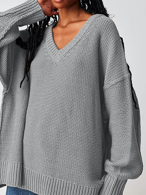 flowersverse Solid Color Velvet Long Sleeves Loose V-Neck Sweater Tops Pullovers