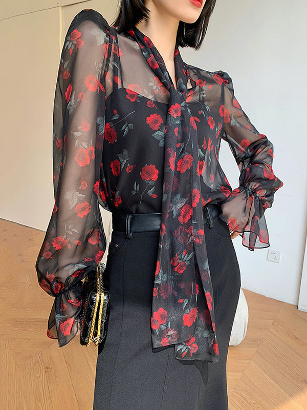 flowersverse Elasticity Flower Print Mesh Tied Flared Sleeves Long Sleeves V-Neck Blouses&Shirts Tops