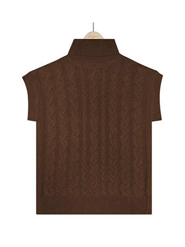flowersverse Casual Loose Short Sleeves Jacquard Solid Color High-Neck Sweater Tops Vest Outerwear