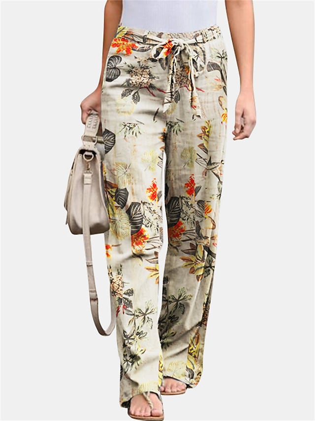 flowersverse Women's Plus Size Loungewear Pants Flower Leaves Basic Casual Comfort Home Daily Vacation Cotton Breathable Pant Spring Summer Yellow Fuchsia