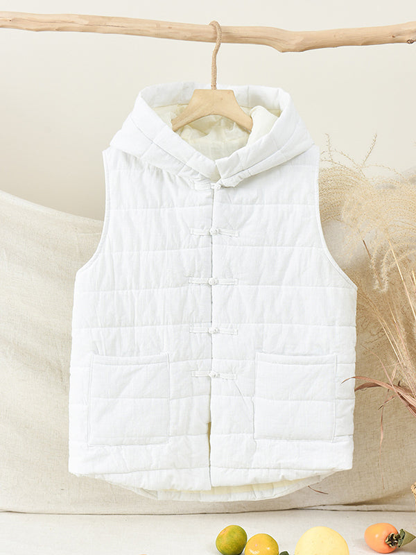 flowersverse Simple Sleeveless Loose Keep Warm Cotton Quilted Solid Color Hooded Vest Outerwear