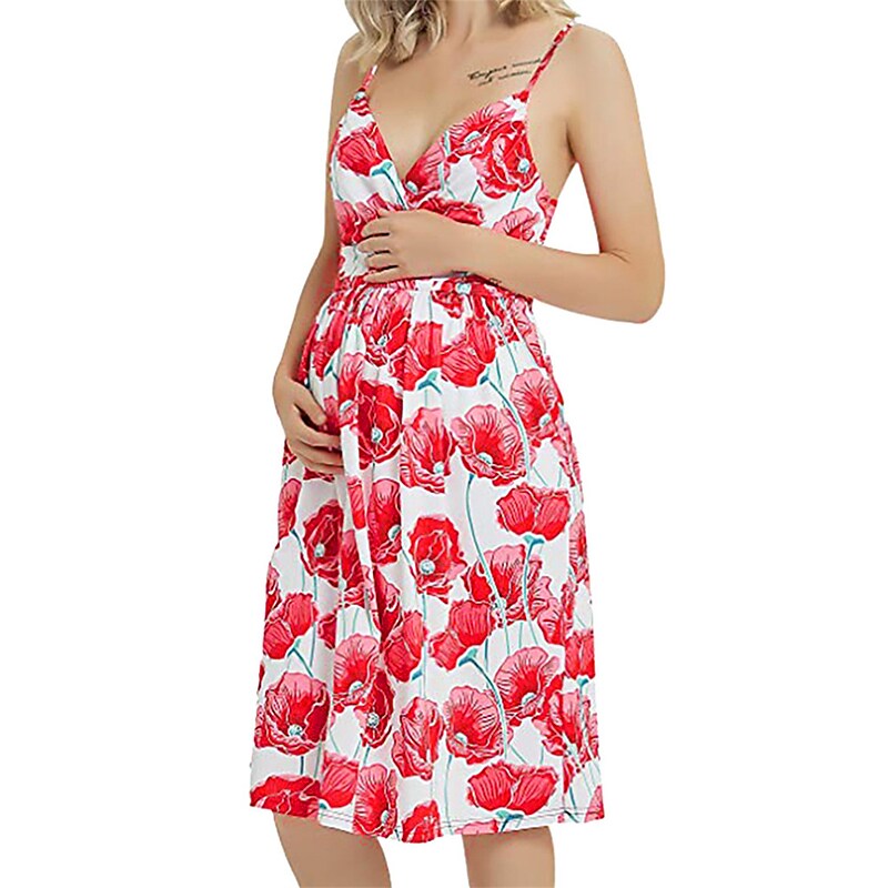 flowersverse Women‘s Baby Shower Maternity Dress Casual Dress Floral Dress Slip Dress Floral Midi Dress Sleeveless Backless Print Strap Basic Holiday Red Light Sky Blue Spring Summer S M L XL XXL