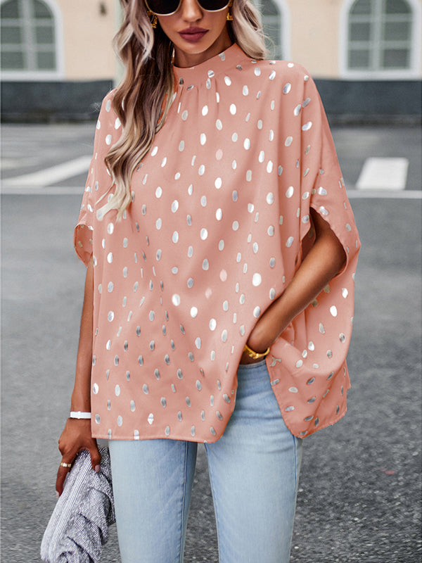 flowersverse Bandage Polka Dot Loose Round-Neck Blouses&Shirts Tops