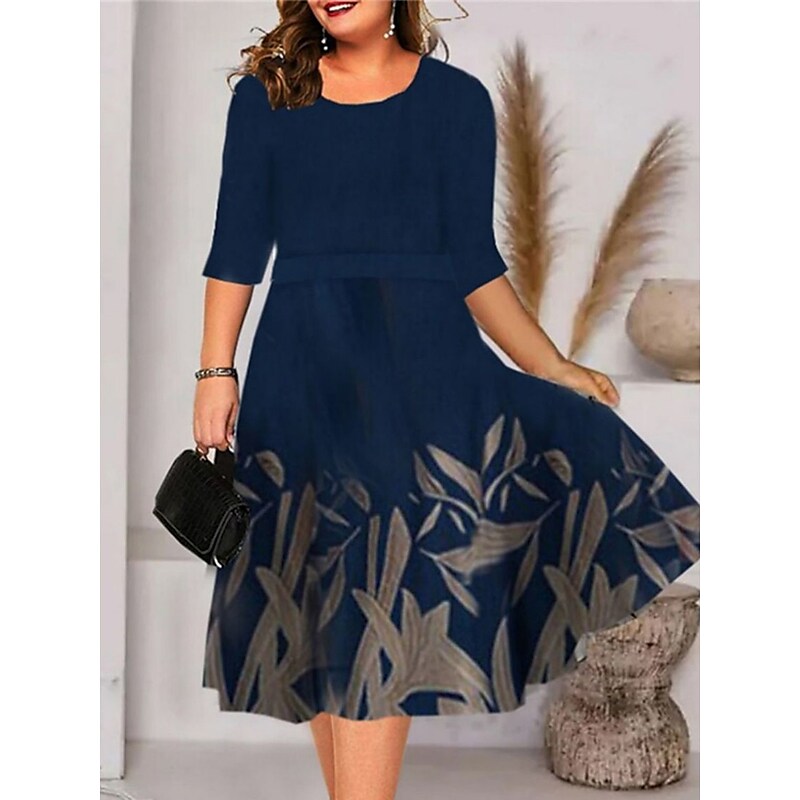 flowersverse Women's Plus Size Work Dress A Line Dress Leaf Floral Midi Dress Half Sleeve Print Crew Neck Elegant Office Black White Spring Summer XL XXL 3XL 4XL 5XL