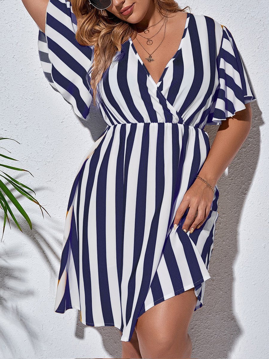 flowersverse Holiday Short Sleeve V Neck A-line Weaving Dress