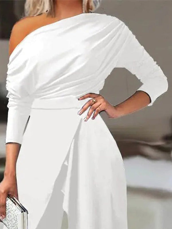 flowersverse Solid Color One-Shoulder Long Sleeves T-Shirt + High-Waisted Wide Leg Pants Trousers Two Pieces Set