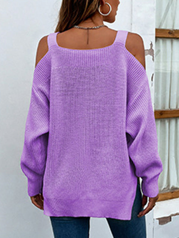 flowersverse Long Sleeves Split-Side Solid Color Off-The-Shoulder Sweater Tops