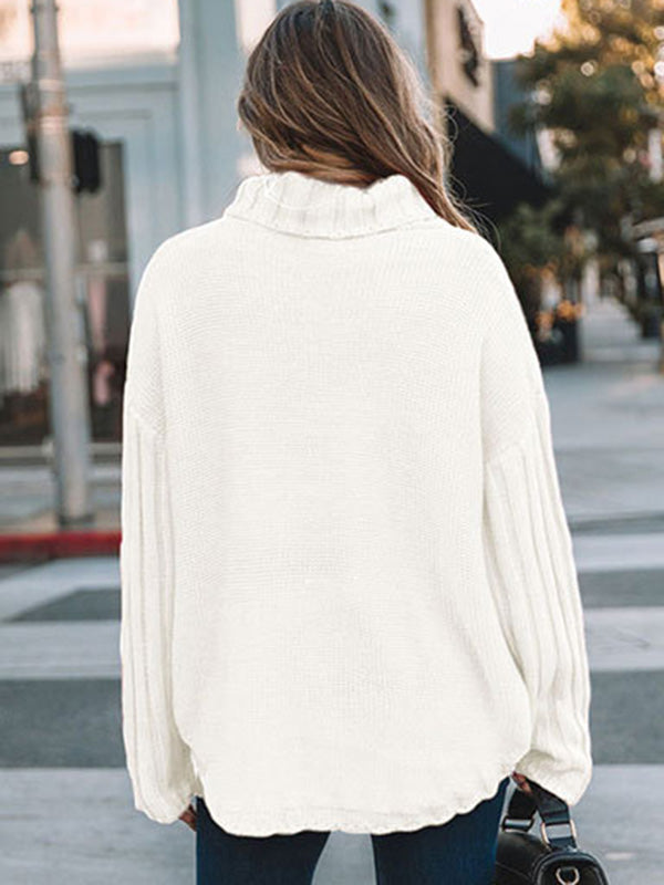 flowersverse Loose Long Sleeves Solid Color High-Neck With Pockets Sweater Tops