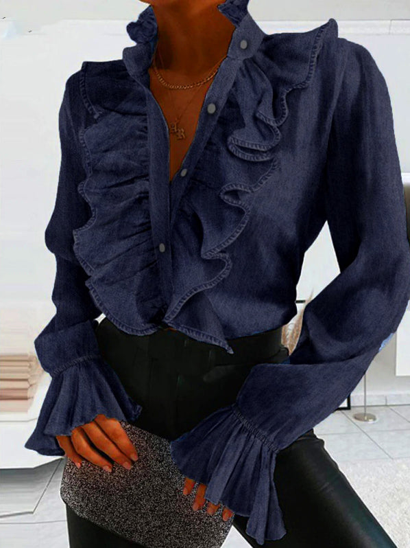 flowersverse Flared Sleeves Falbala Solid Color Stand Collar Blouses&Shirts Tops