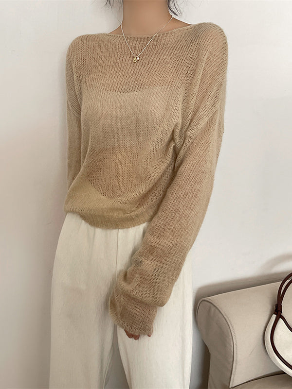 flowersverse Gentle Mohair Knitted Loose Long Sleeves Solid Color Thin Sweater Tops